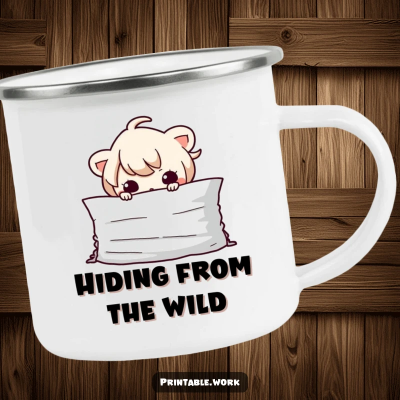 Funny Kawaii character peeking from behind a stack of paper on a durable camping mug, perfect for sneaky outdoor enjoyment.