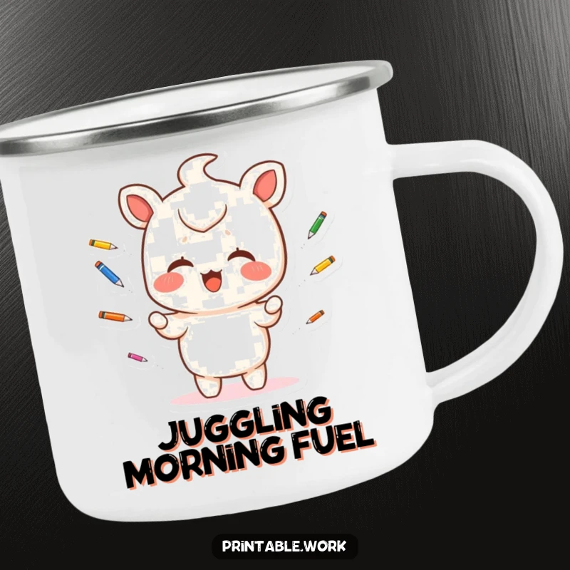 Funny Camping Mug: A giggling Kawaii character juggles colorful pens, ready for outdoor creativity and warm beverages.