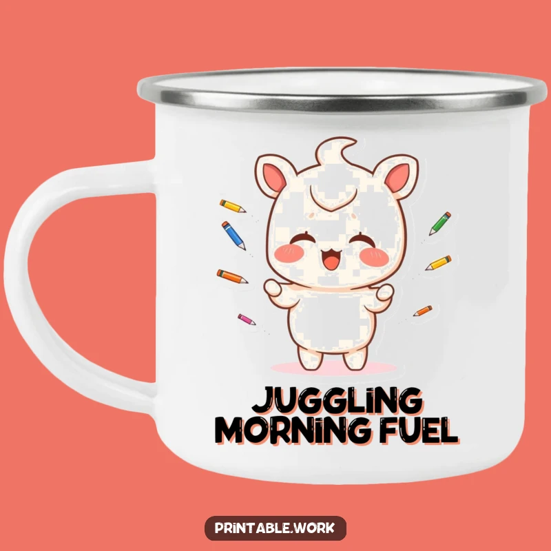 Funny Kawaii Camping Mug: Pen Juggling Adventure, Perfect Funny Gift!