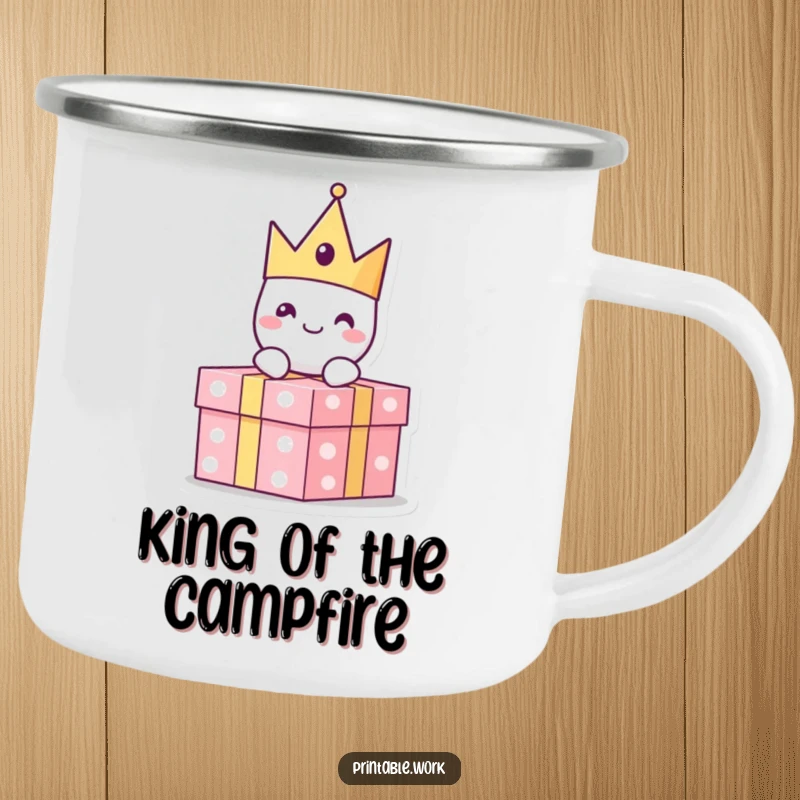 Funny paper crown character with a cheerful expression sitting atop a present, on a durable camping mug, for festive outdoor enjoyment.