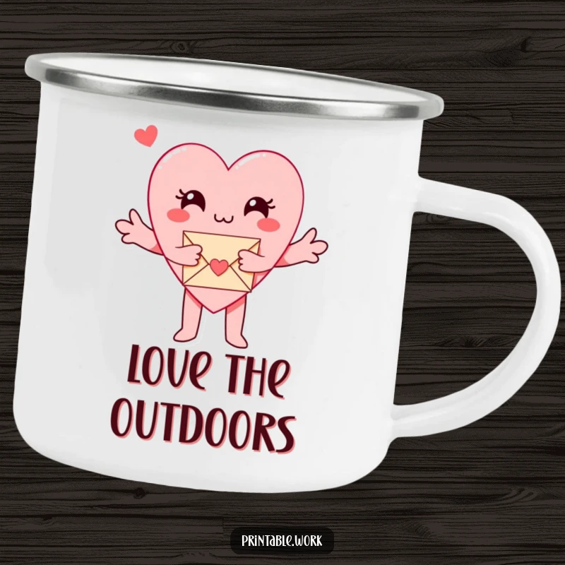 Funny Paper Heart Camping Mug: A paper heart character hugs a small envelope, adding fun and love to outdoor drinks.