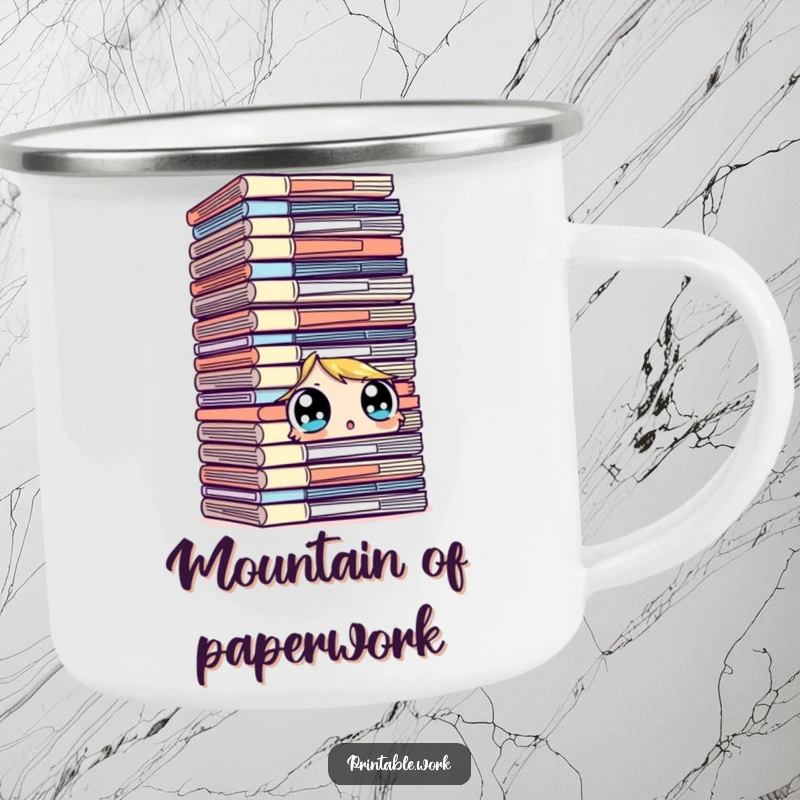 Funny character camping mug, surprised looking at a towering stack of files with wide eyes, office humor, durable, humorous, outdoor gift.