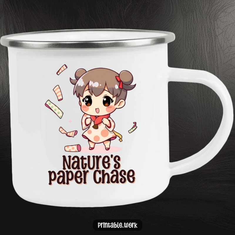 Funny enamel camping mug with a character juggling paper rolls, perfect for creative outdoor moments and humor.