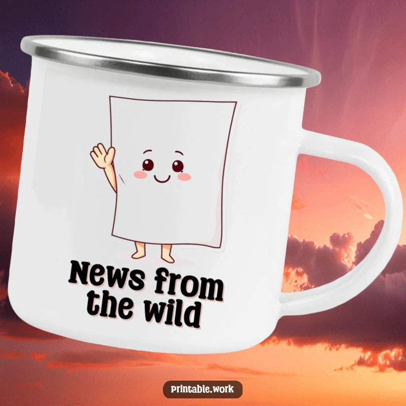 Funny Camping Mug featuring a smiling paper character waving a large sheet, perfect for outdoor enthusiasts.