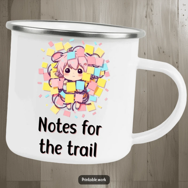Funny camping mug showing a character comically entangled in sticky notes, great for outdoor planning.