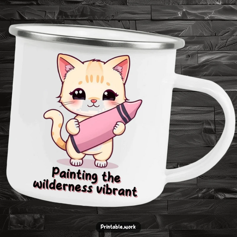 Funny Kawaii cat character artistically painting with a crayon on a rugged camping mug, perfect for outdoor creativity.