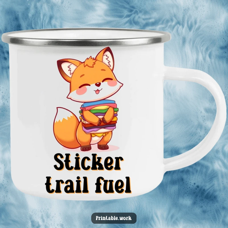 Funny enamel camping mug illustration of a giggling fox balancing a stack of colorful stickers, perfect for rugged, humorous use.