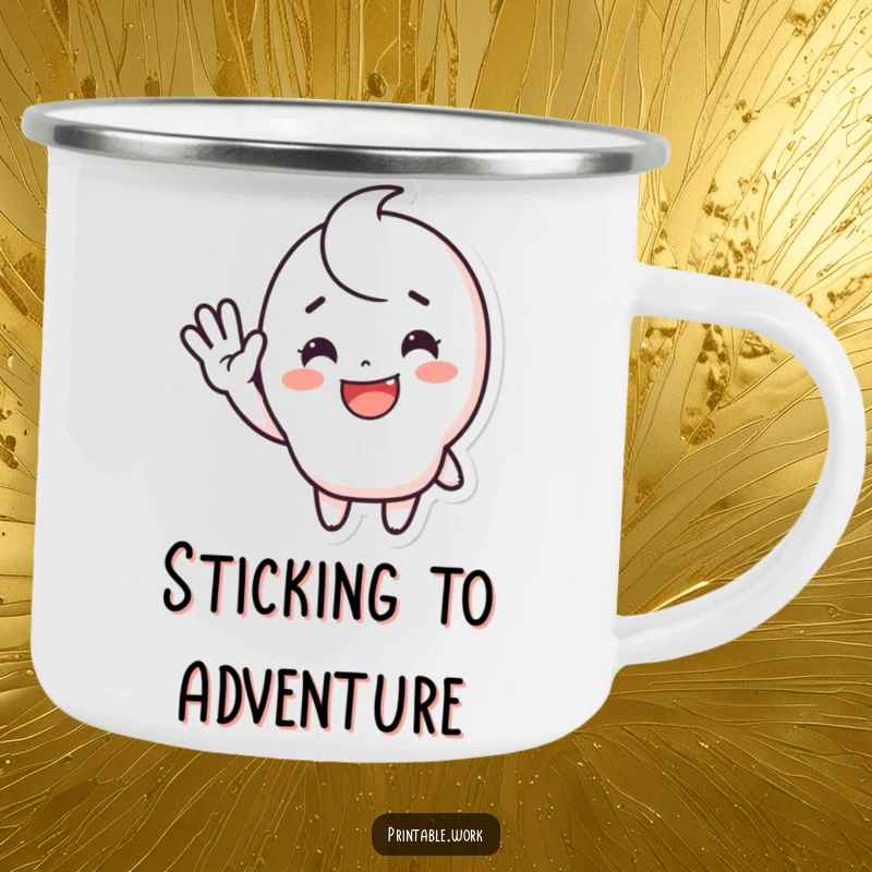Funny waving sticker camping mug featuring a cute, happy character with a big smile, enthusiastically waving, ideal for outdoor enthusiasts.