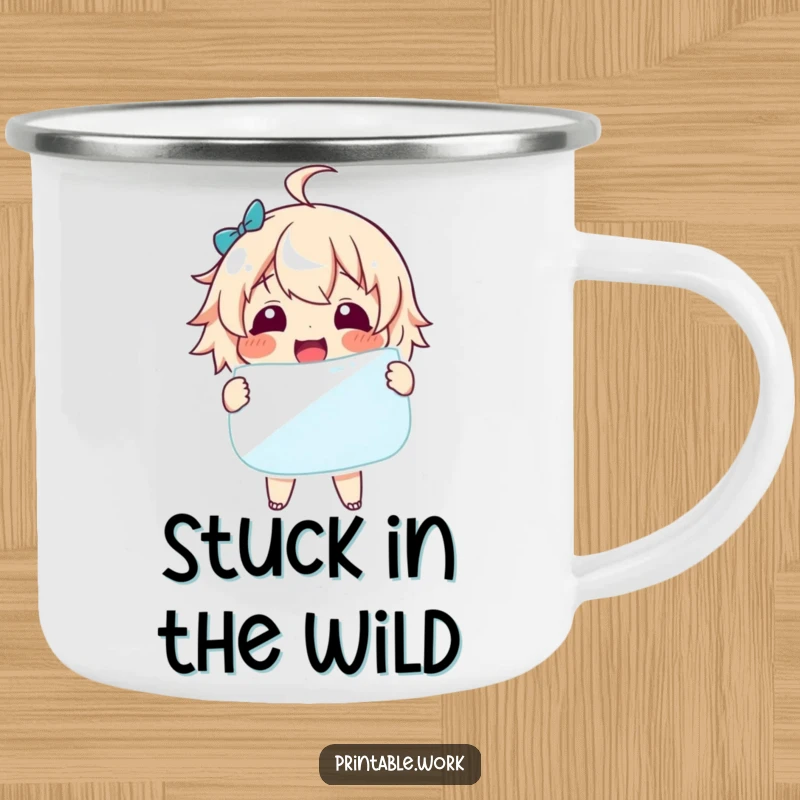 Funny Camping Mug: A delighted character proudly holds a huge sticker, perfect for outdoor enthusiasts.