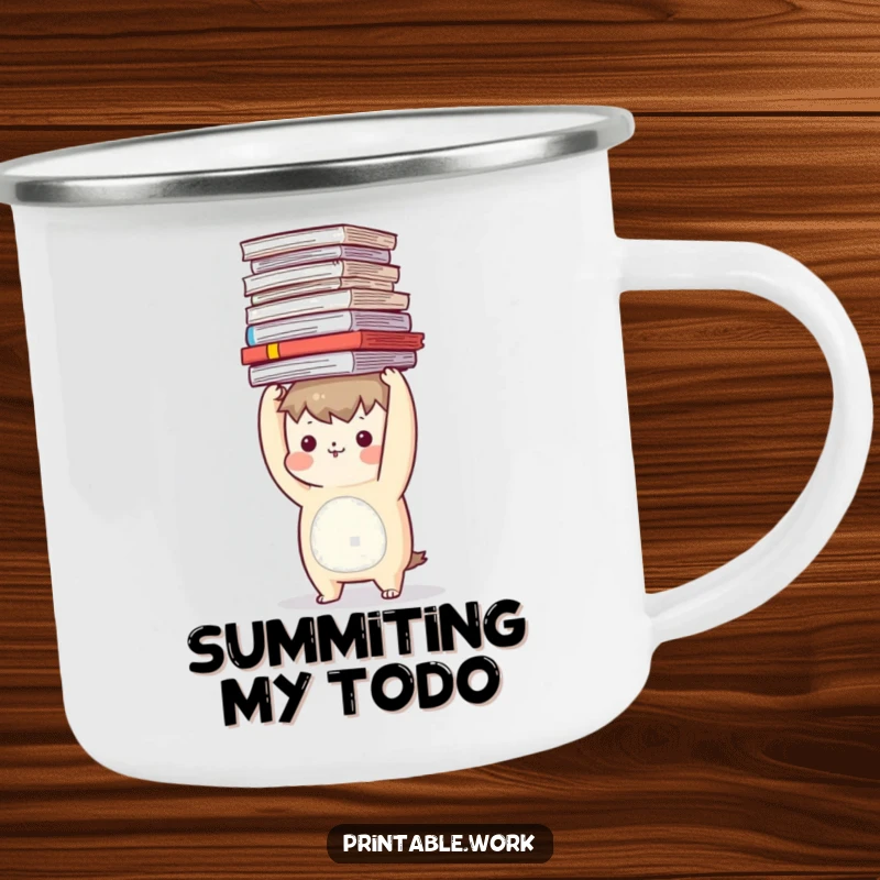 Funny camping mug featuring a character balancing a stack of documents on its head, outdoor adventure humor.