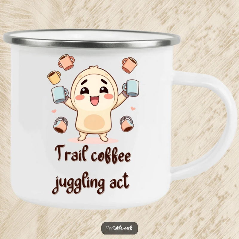 Funny Camping Mug: Sturdy enamel mug with a kawaii character enthusiastically juggling coffee cups, perfect for outdoor fun.