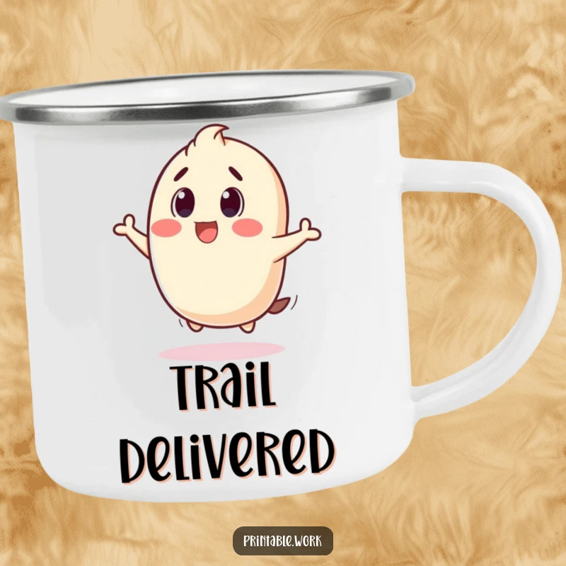 Funny camping mug with a stamp character bouncing joyfully, ideal for outdoor lovers who enjoy humorous surprises.