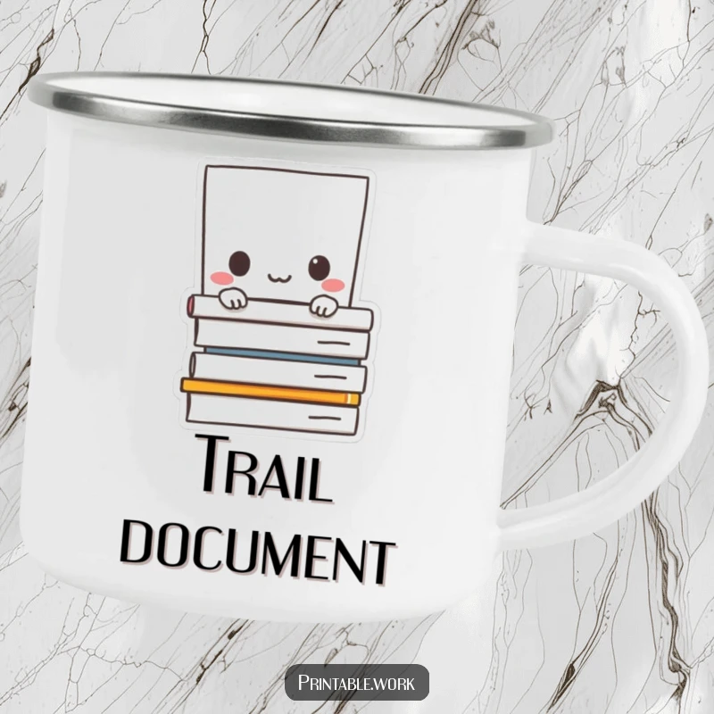 Funny camping mug: Paper character shyly peeking from behind documents, durable and humorous for outdoor observation.