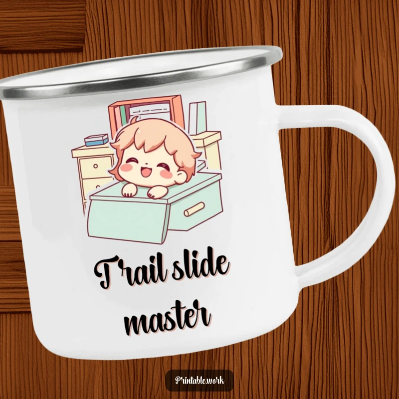 Funny Camping Mug with a character gleefully sliding down a desk with a smile, perfect for enjoying beverages outdoors.