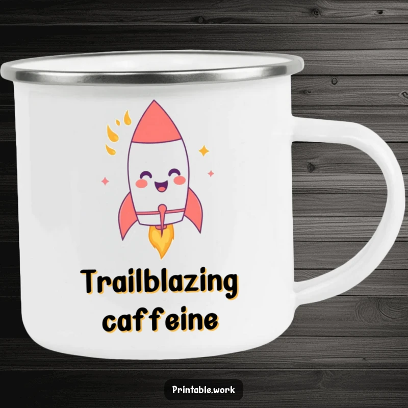 Funny camping mug showing a giggling paper rocket character blasting off with flames, ideal for enjoying drinks during space-themed outdoor activities.