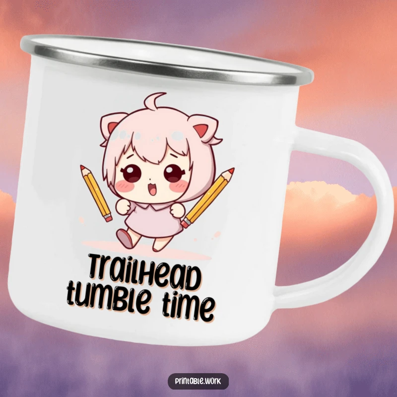 Funny Kawaii character hilariously tumbling with pencils on a durable camping mug, perfect for outdoor enjoyment and embracing clumsiness.