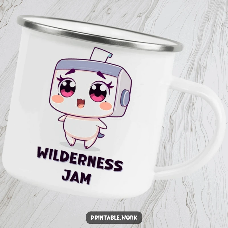 Funny camping mug: Wide-eyed printer character comically surprised by a flying staple, durable and humorous for outdoors.