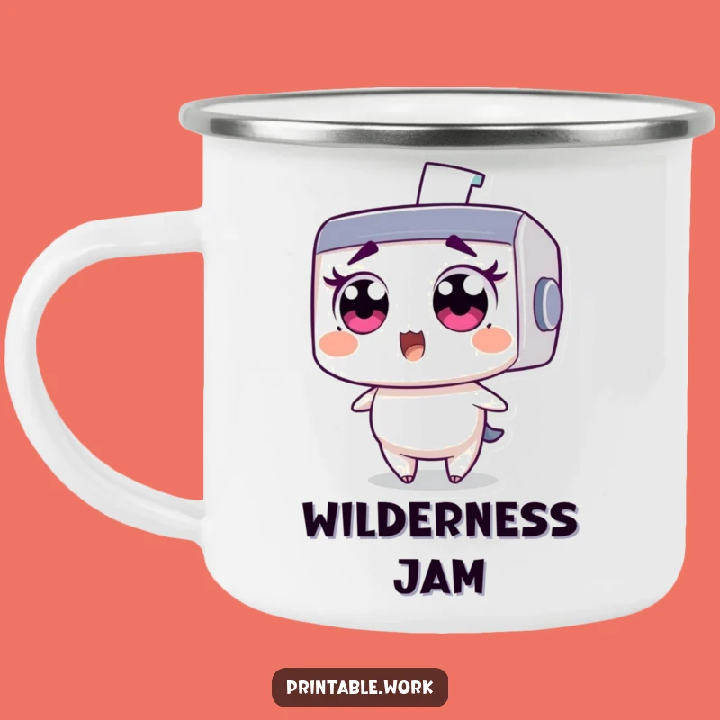 Funny Printer Camping Mug: Wide-eyed character's staple shock, rugged and hilarious outdoor companion.