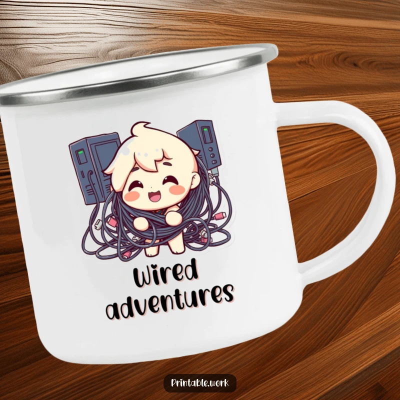 Funny camping mug with a character tangled in a mess of computer cables, a humorous illustration for tech-savvy adventurers.