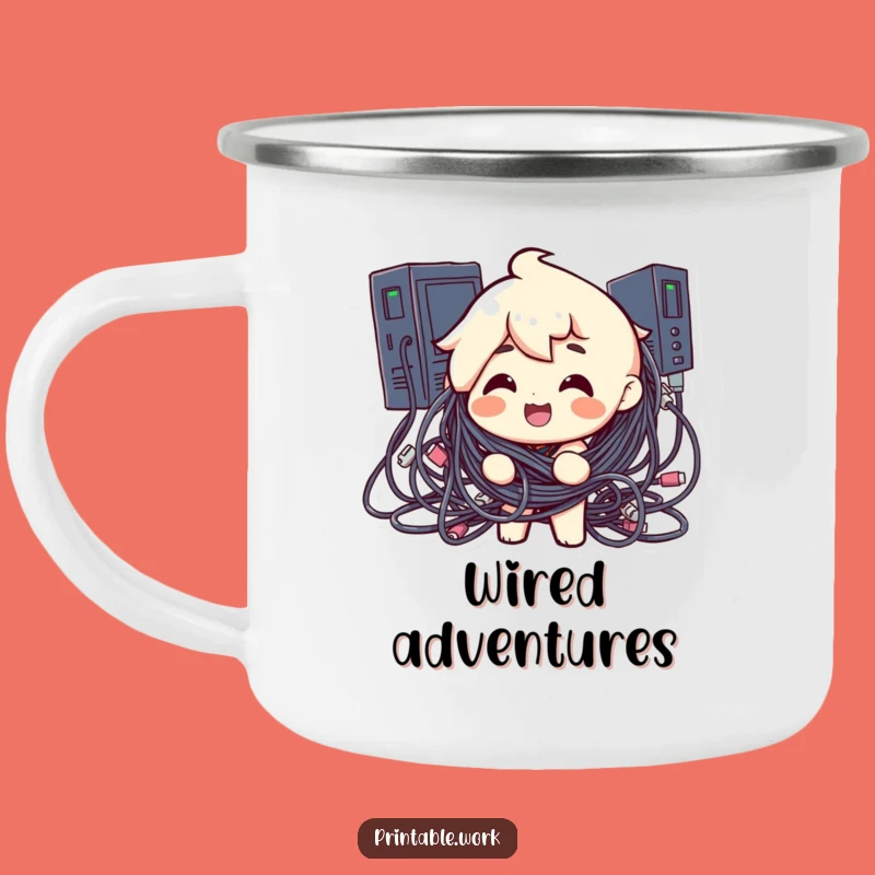 Funny Cable Chaos Camping Mug: Sip Your Brew with a Laugh About Tech