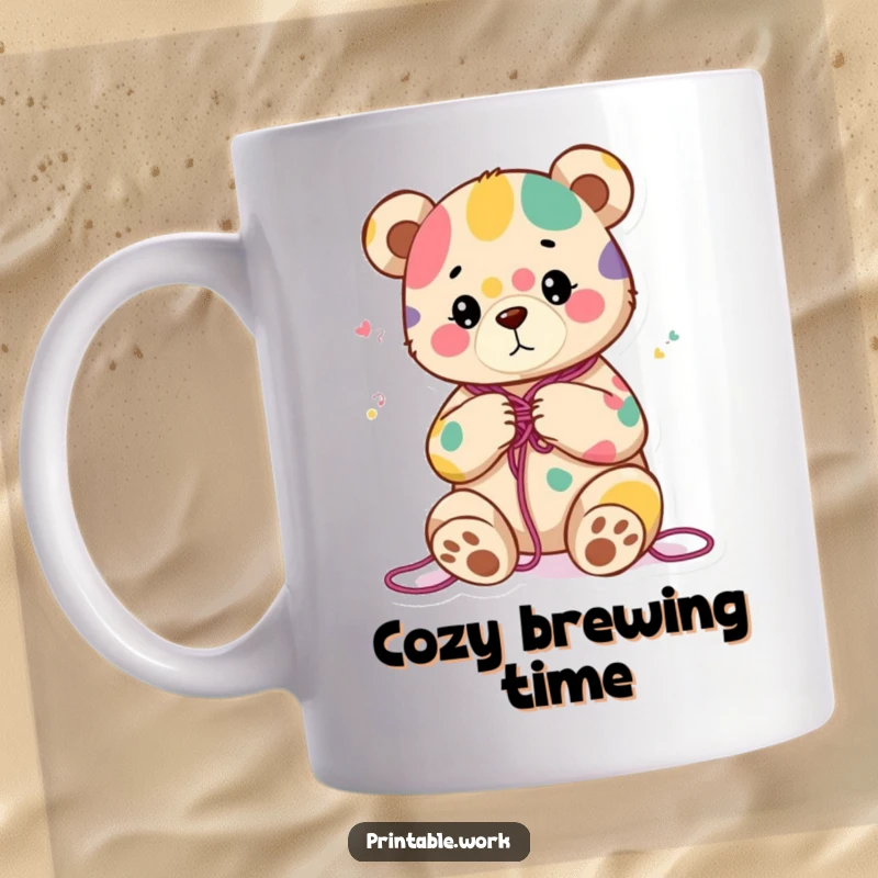 Funny mug showing a content bear character peacefully knitting a colorful, abstract yarn pattern with a serene expression.