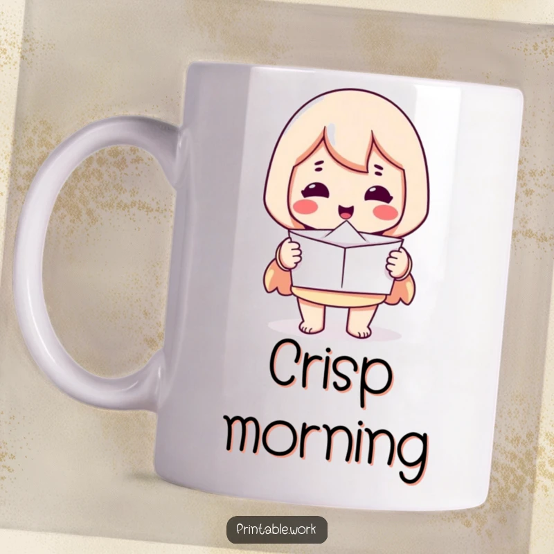 Funny mug: Printer character proudly offering a perfectly folded piece of paper, office perfection humor.