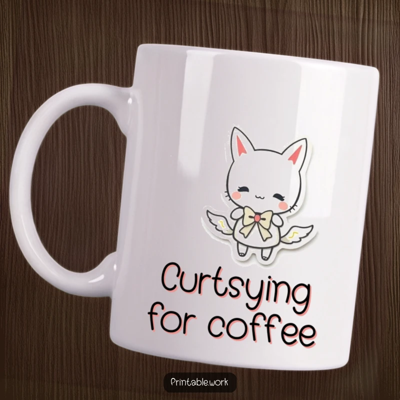 Funny paper character elegantly doing a little curtsy with a charming bow, full of grace on this funny mug.