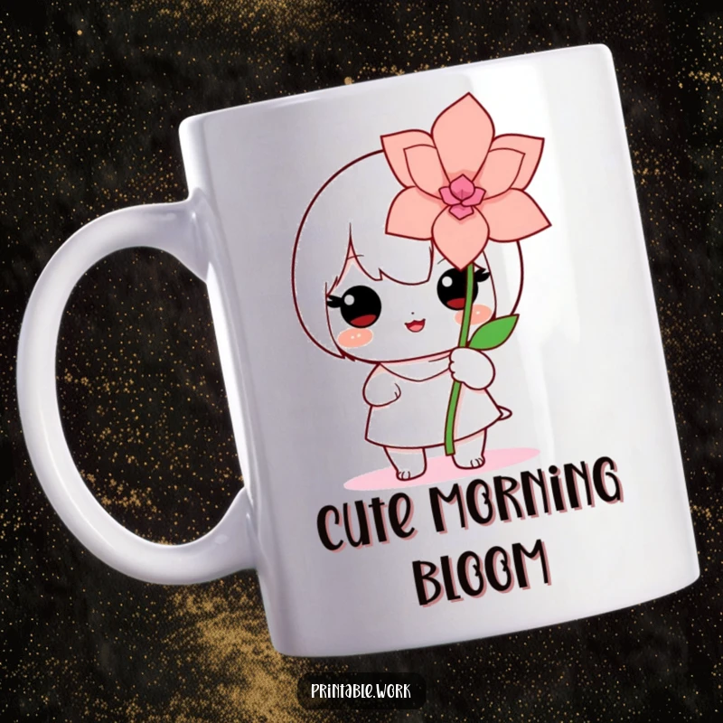 Cute Kawaii mug showcasing a proud character beaming while holding up a beautifully crafted, delicate paper flower, radiating gentle joy and accomplishment.