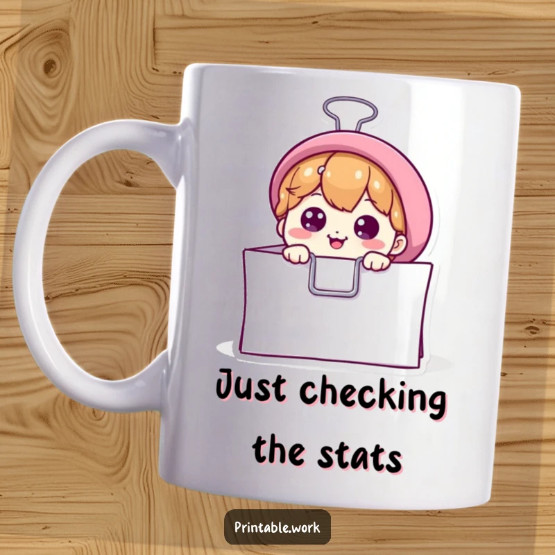 Funny mug featuring a curious binder clip character peeking from a paper stack, ideal for office humor and a great funny gift.