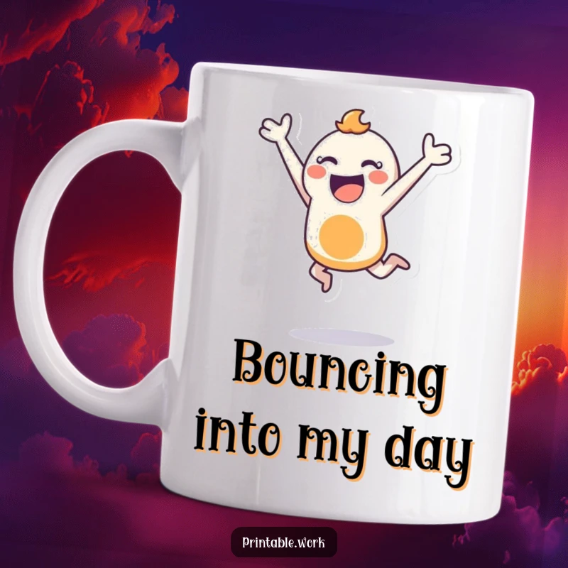 Funny mug showing a bouncing character joyfully leaping with a stencil, symbolizing energetic creativity and boundless enthusiasm.