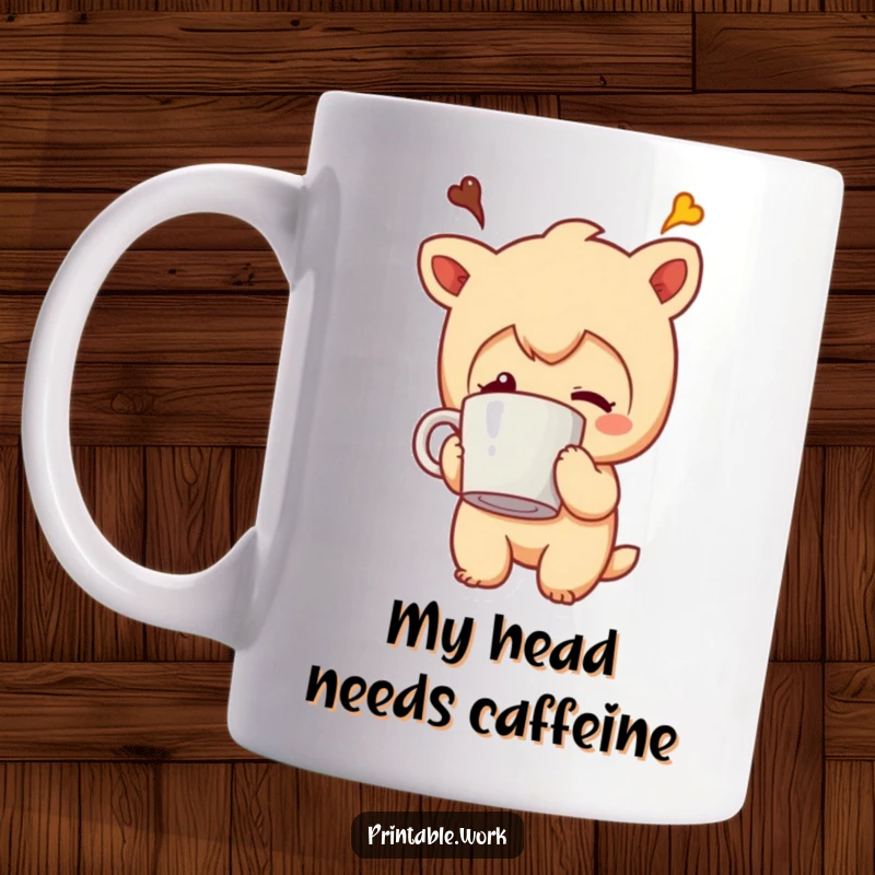 Funny mug with a cartoon character humorously having its coffee mug stuck directly onto its head in a comical situation.