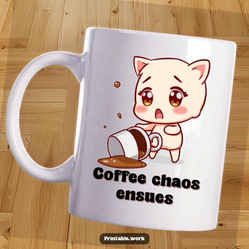 Funny mug showing a character with surprised eyes, desperately trying to catch a flying, spilling coffee mug, a chaotic morning scene.