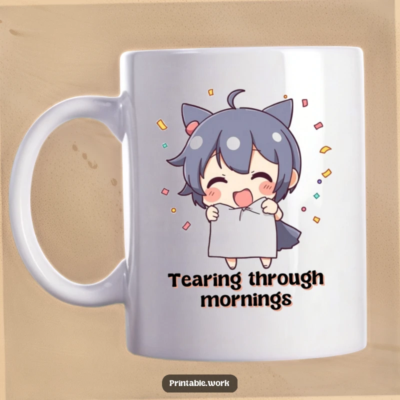 Funny Mug: Character excitedly tears paper, sending confetti flying, embodying pure elation and celebration.