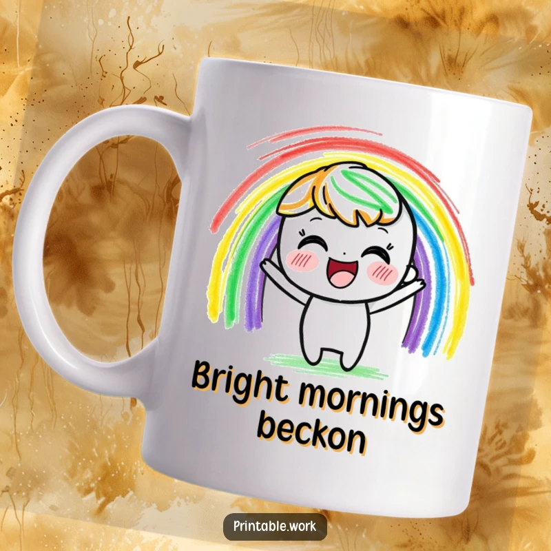 Funny delighted crayon character mug, joyfully drawing a vibrant rainbow with colorful strokes, celebrating art and happiness.