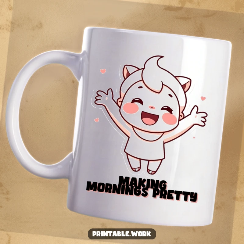 Funny mug featuring a cute, smiling character enthusiastically decorating a piece of paper with colorful markers.