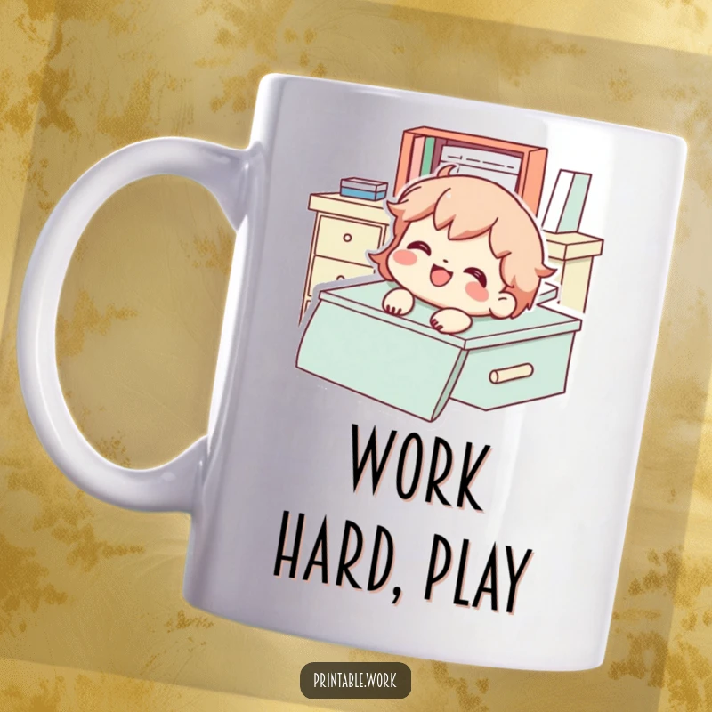 Funny Mug featuring a character gleefully sliding down a desk with a huge smile, embodying playful office antics.