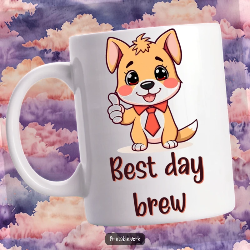 Funny Mug of a dog in a tie, enthusiastically giving a thumbs-up, radiating pure joy and positivity.