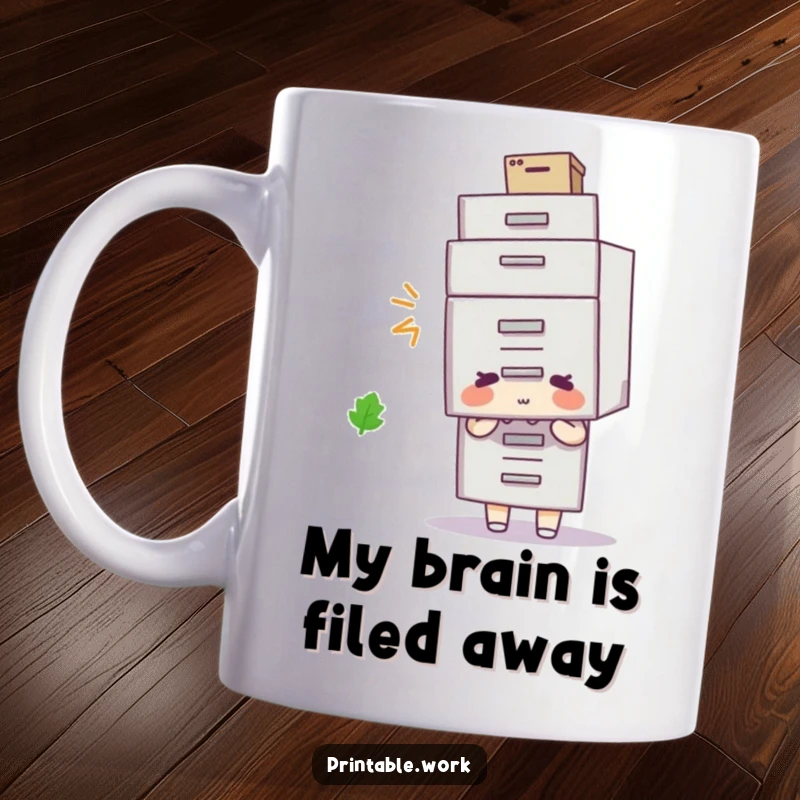 Funny filing cabinet hat mug, a character wears a metal filing cabinet as a comical hat, office absurdity.