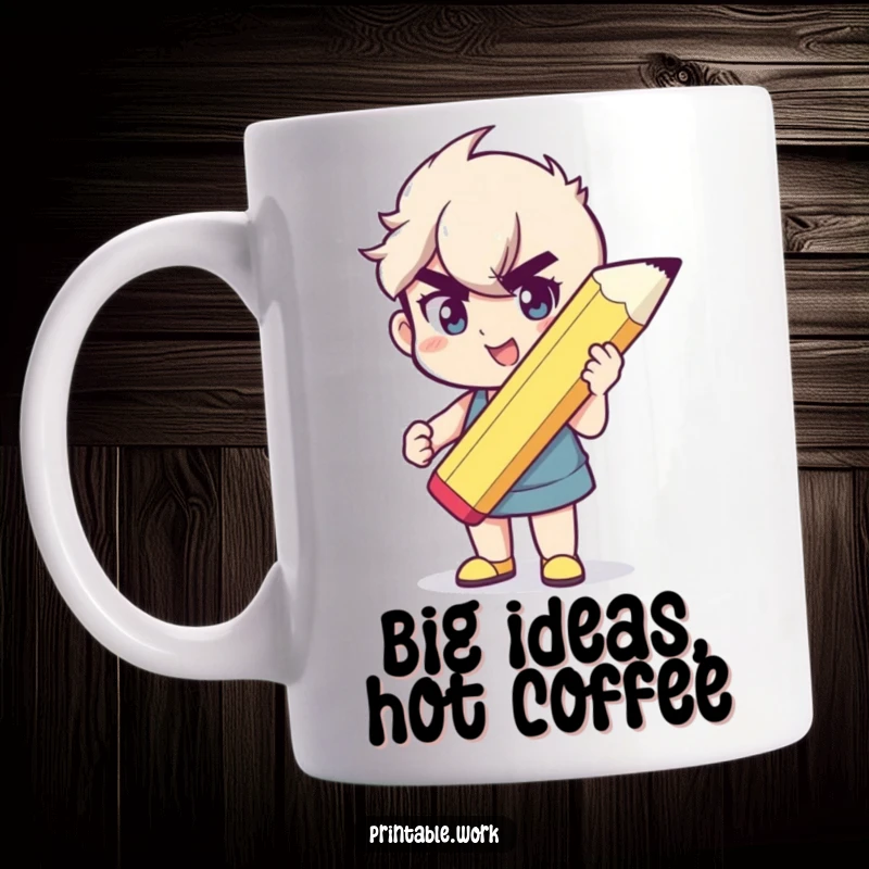 Funny mug with a character holding a giant pencil, looking determined and happy, symbolizing creativity and big ideas.