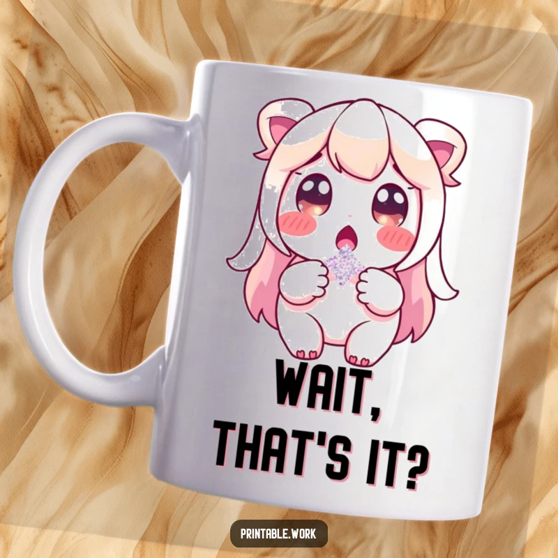 Funny mug showing a character with wide, surprised eyes holding a single, shimmering glitter flake with fascination.