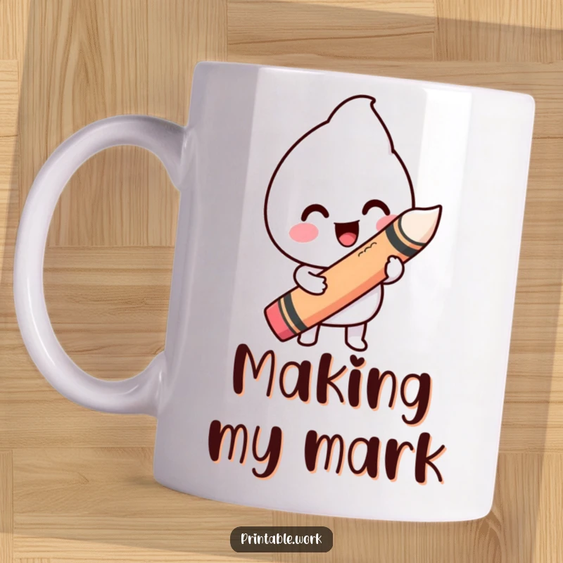 Funny mug featuring a happy Kawaii character joyfully drawing a wiggly line with a huge crayon, symbolizing creative freedom.