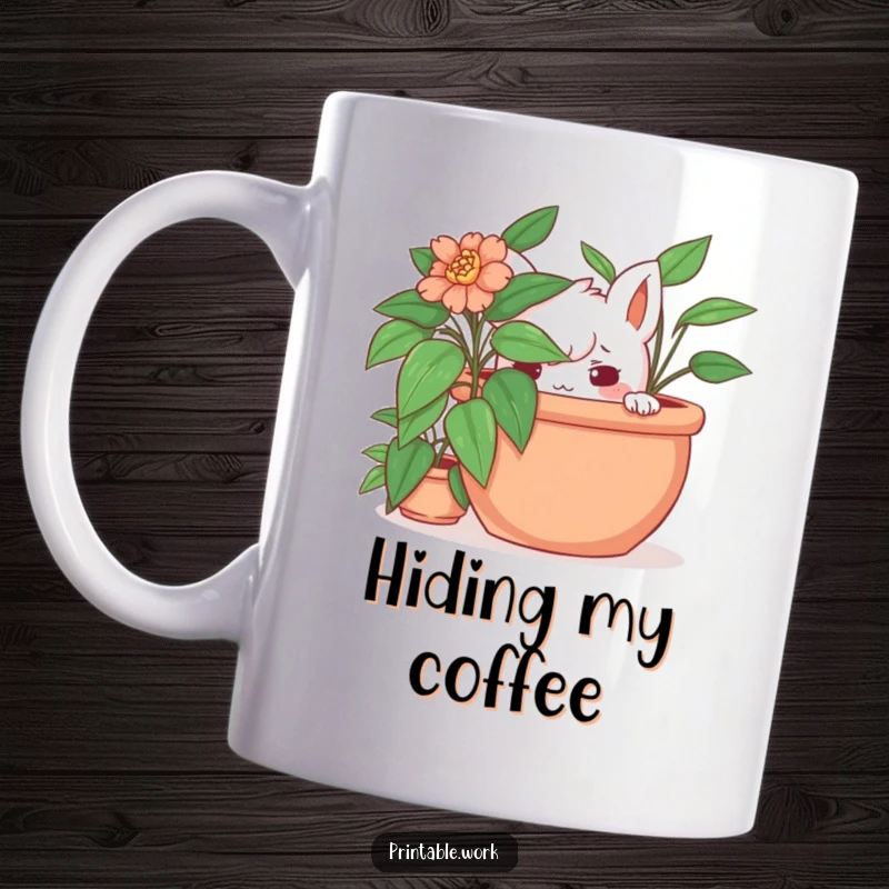 Funny hidden plant mug featuring a playful character peeking mischievously from behind a large potted plant, full of playful secrets.