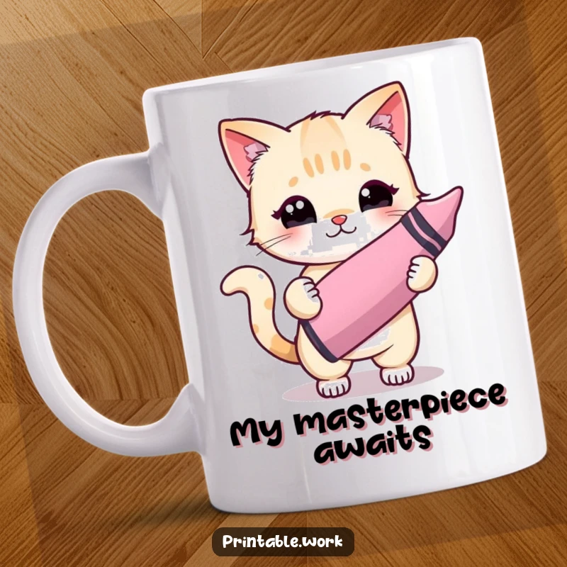 Funny Kawaii cat character holding a big crayon, joyfully painting a colorful masterpiece, perfect for artists and cat lovers.
