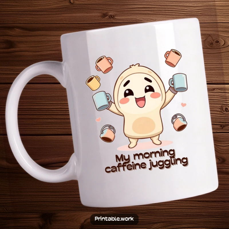 Funny Kawaii Mug: Cute character joyfully juggling multiple coffee cups with a huge, happy grin, perfect for a caffeine lover.
