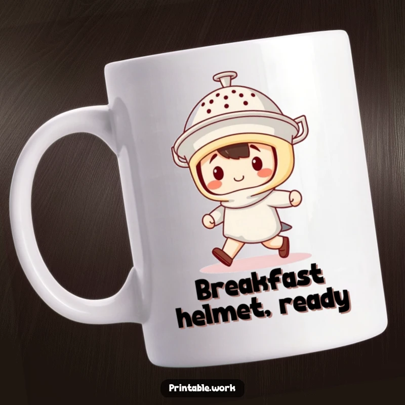 Funny Mug: Cute kawaii character proudly marches wearing a colander as a helmet, exuding confidence and humor, a great gift.