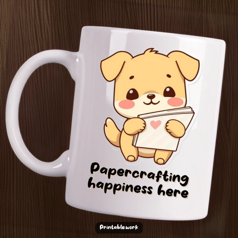 Funny Kawaii dog character beaming with joy while holding a stack of colorful patterned paper, printed on a mug.