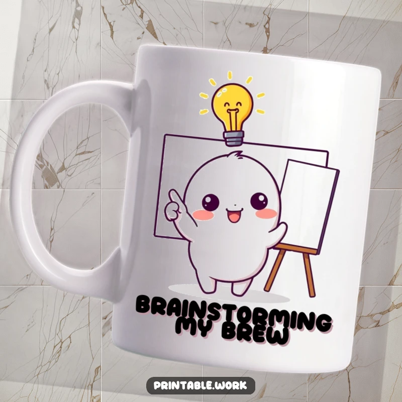 Funny Mug: Cute kawaii character with a glowing idea lightbulb above its head, excitedly pointing at a whiteboard, symbolizing inspiration.