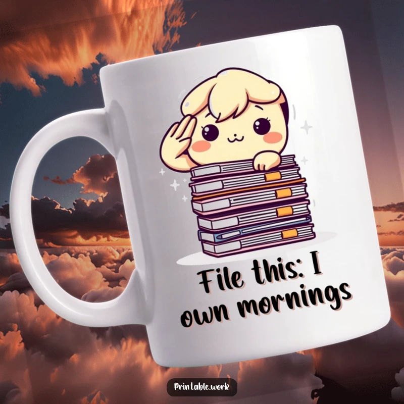 Funny Kawaii Character Mug: Determined hero saluting a huge pile of office files, celebrating productivity with a smile.