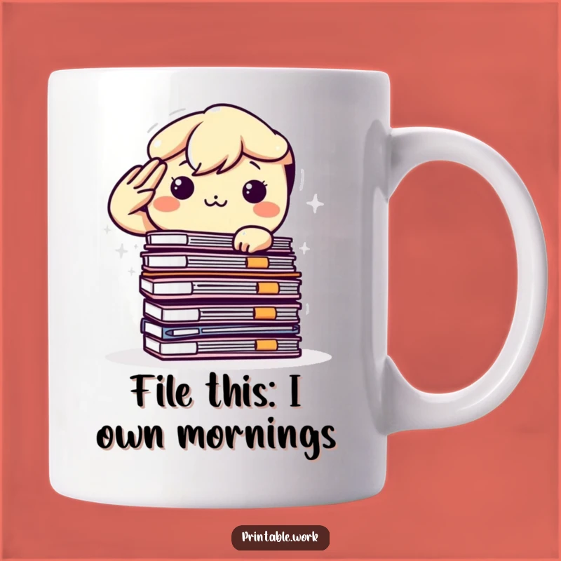 Funny Kawaii Office Hero Mug: Determined Desk Warrior Proudly Salutes Files, Perfect Gift