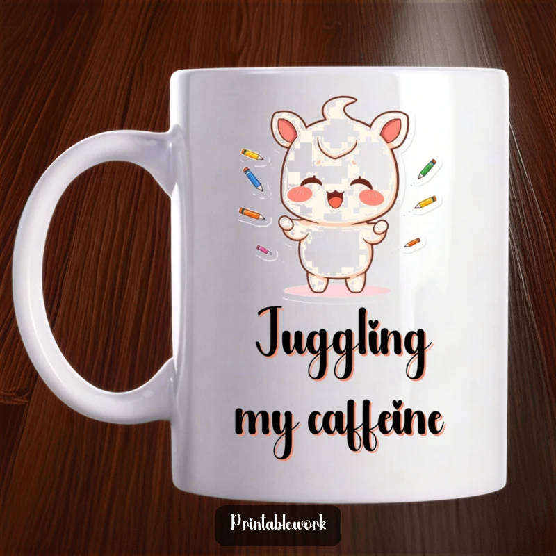 Funny Mug: A giggling Kawaii character expertly juggles multiple small, colorful pens, showing off skill and joy.